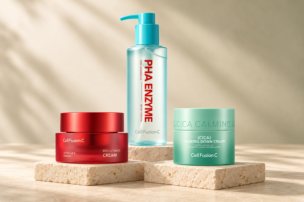 Cell Fusion C veido priežiūros priemonės: Red Ultimate Cream, PHA Enzyme prausiklis ir Cica Calming Down Cream.